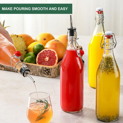 8 Pack [1 L / 33 fl. oz.] Swing Top Glass Bottles w/ Airtight Stopper Lids – Flip Top Brewing Bottle for Fermentation, Kombucha, Mead, Vinegar, Beer, Kefir, Wine, Soda – With 8 Extra Seals & 2 Pourer