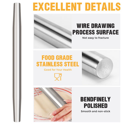 Rolling pin, Smooth Stainless Steel Rolling Pin, Rolling Pin for Baking Fondant, Pizza, Pie, Pastry, Pasta, Dough, Cookies (16.7in+mat)