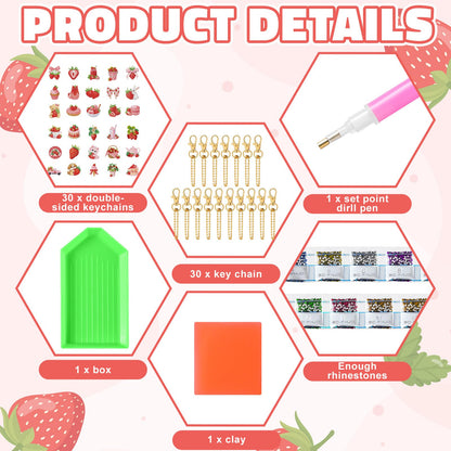 Huquary 30 Pcs Diamond Painting Keychains Strawberry Diamond Art Berry Party Crafts Favor 5d Double Sided Keychains for Adult Beginner DIY Crafts Party Gift