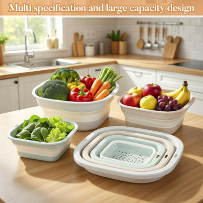 Singhoow 3 Set Collapsible Colander and Sink Basin 2-4-8 Qt Dish Pan and Strainer Set with Drain Holes 2-in-1 Foldable Fruit Vegetable Washing Basket for Kitchen Camping Travel (Green, Pink, Gray)