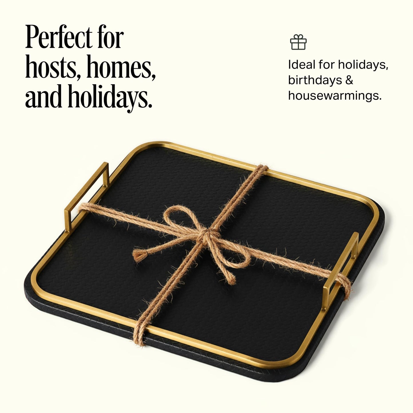 Preston Lane Mayfair Decorative Tray – Vegan Leather with Woven Texture, Brushed Brass Handles – Serving, Dresser & Coffee Table Tray, Ink 12.8 x 12.8 x 1