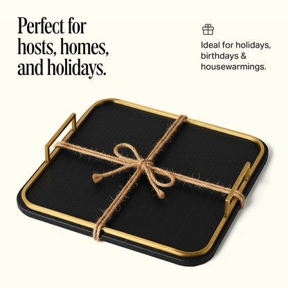 Preston Lane Mayfair Decorative Tray – Vegan Leather with Woven Texture, Brushed Brass Handles – Serving, Dresser & Coffee Table Tray, Ink 12.8 x 12.8 x 1