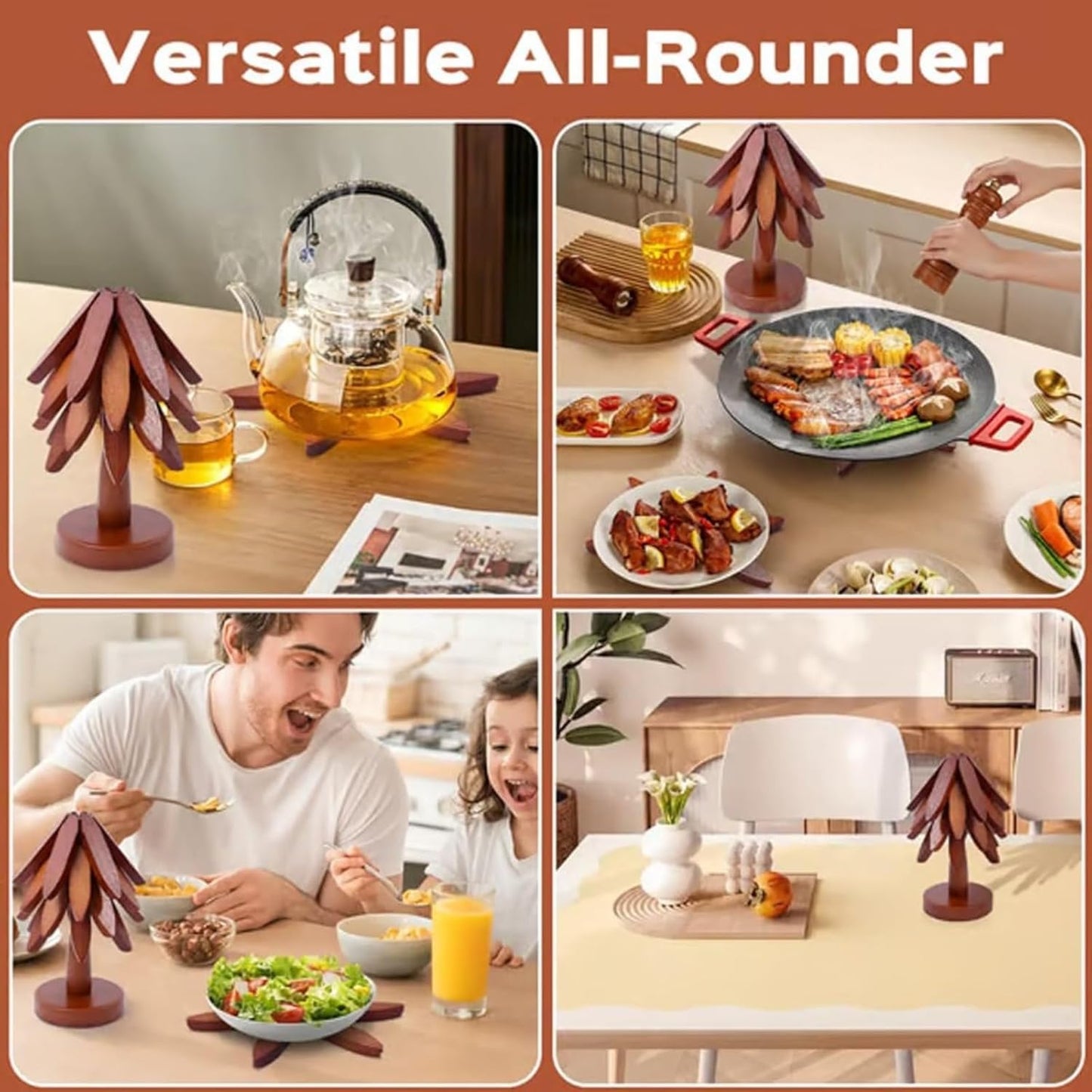Wooden Tree Trivets for Hot Dishes - Set of 4 with Stand, Natural Foldable Kitchen 1 Stand Like a Christmas Tree Wooden Hot Pads Heat Resistant Trivets for Pots, Pans, Bowls & Teapots (Walnut-4)