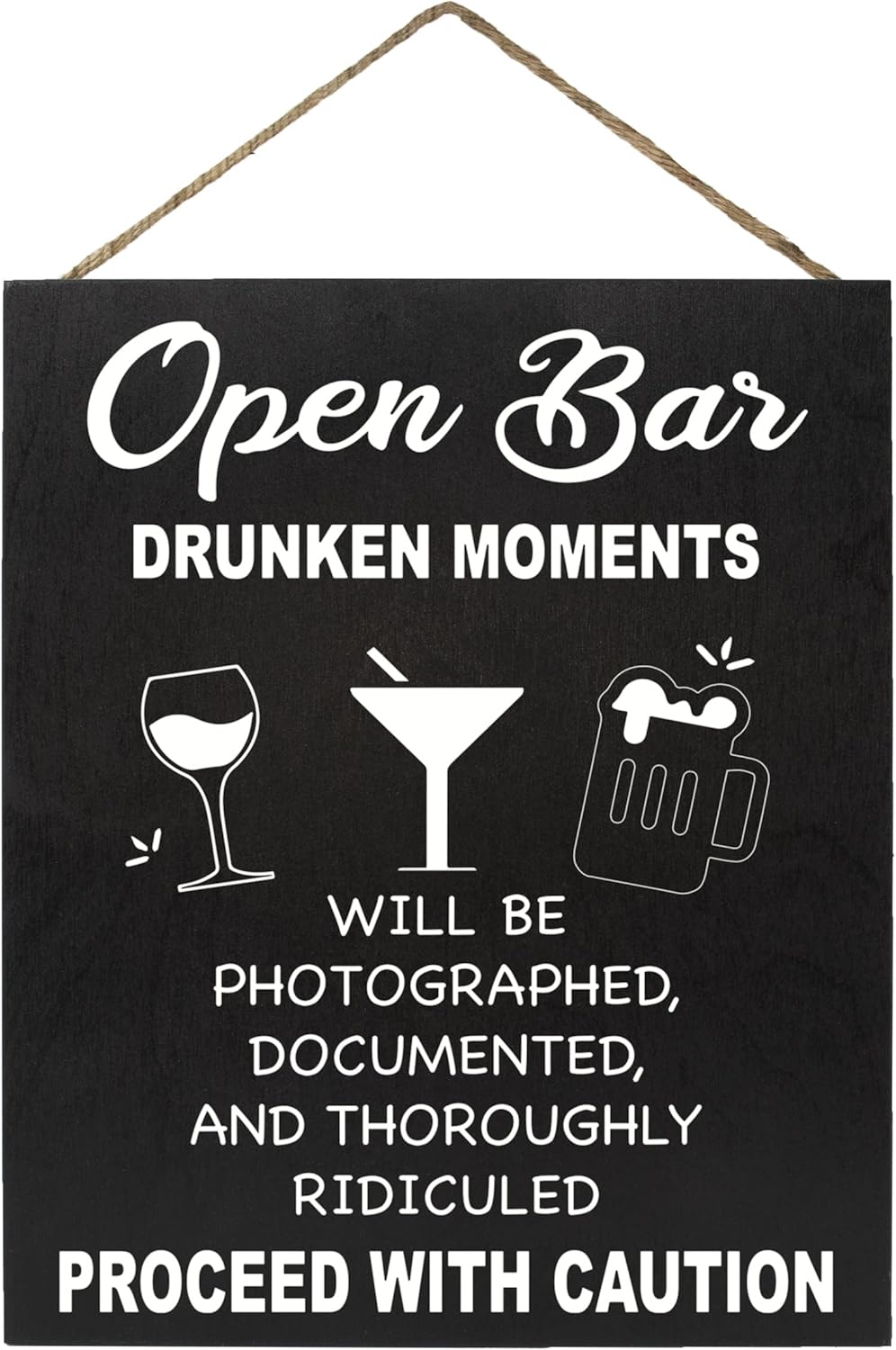 JennyGems Open Bar Hanging Wood Sign | Funny Wedding Reception Decor, Drunken Moments Will Be Photographed