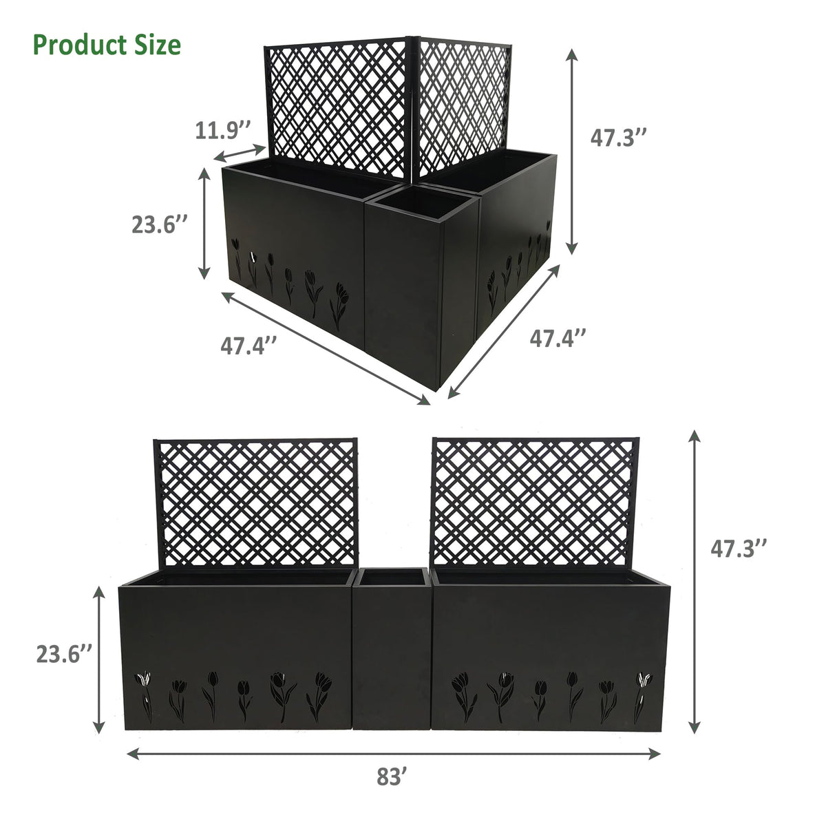 Pasirou 3-Piece Metal Planter Box wtih Trellis- Raised Garden Bed Set of 3 for Outdoor Indoor Use, Rust-Resistant Planter Box with Drainage Holes