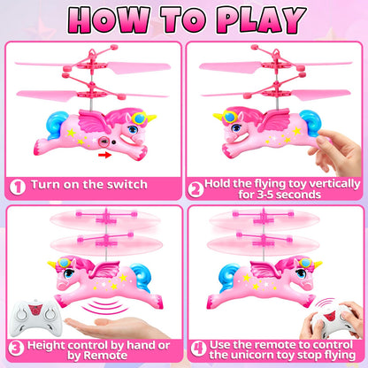 QUANA Remote Control Helicopter, Flying Unicorn Toys Rc & Hand Control Flying Ball Toy Rc Helicopter Mini Drone for Kids Girls Age 6-8 9 10 11 12 Years Old Birthday Gifts
