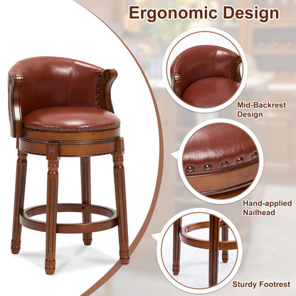 CozyRain Bar Stools Rubber Wood Counter Height Bar Stool Leather Upholstered Swivel Barstools with Back & Footrest for Home,Kitchen,Counter,Dining Room (Brown, Seat Height 26 in)