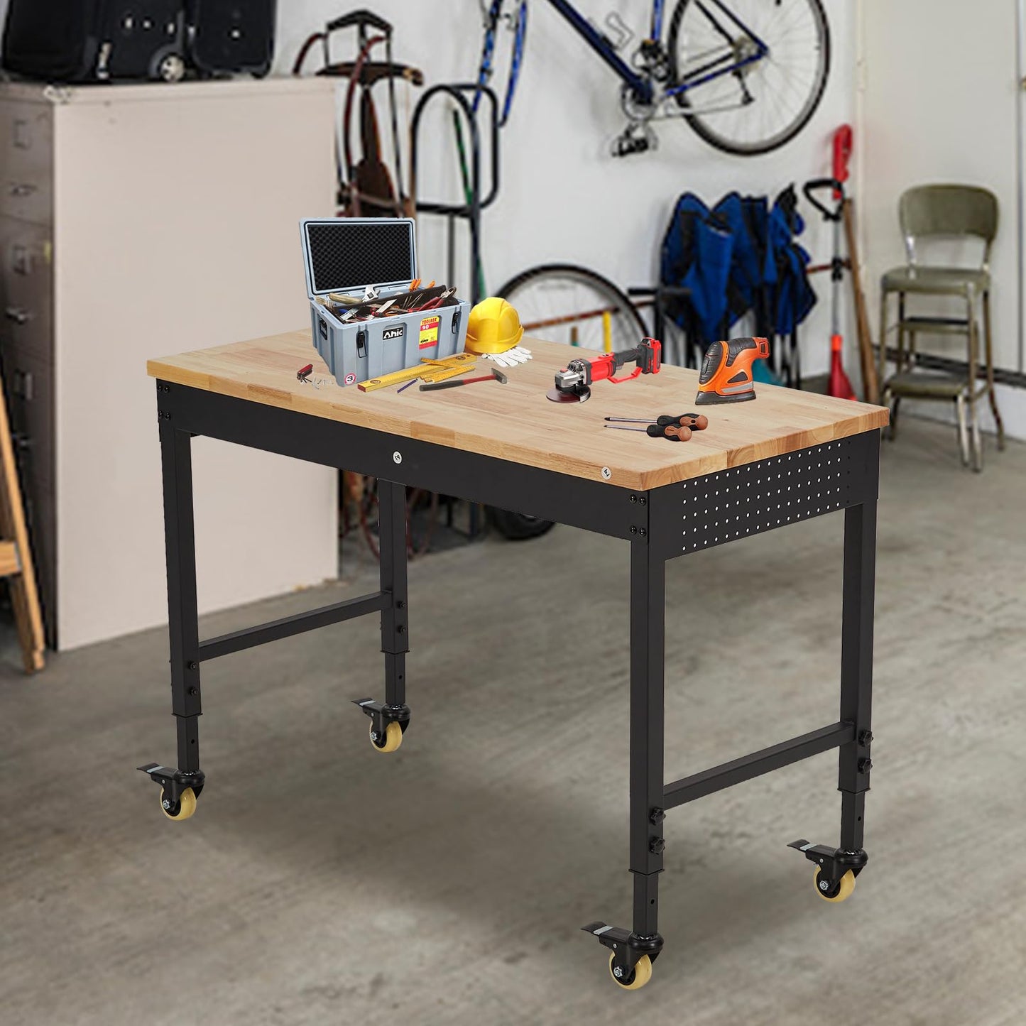ACONEE Adjustable Height Workbench, 48" Heavy Duty 2000 LB Load Capacity, Solid Rubber Wood Top, Sturdy Metal Frame, Workstation with Drawer & 4 Rolling Casters, Power Outlets for Garage Workshop