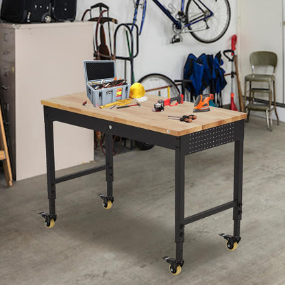 ACONEE Adjustable Height Workbench, 48" Heavy Duty 2000 LB Load Capacity, Solid Rubber Wood Top, Sturdy Metal Frame, Workstation with Drawer & 4 Rolling Casters, Power Outlets for Garage Workshop