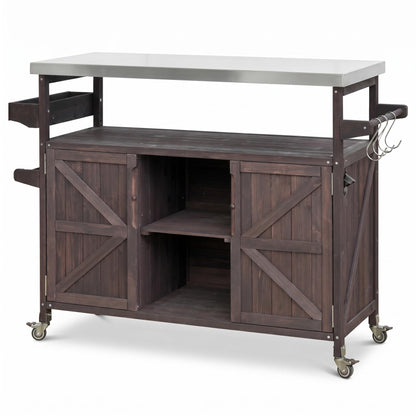 50" Outdoor Kitchen Island Grill Cart with 201 Stainless Steel Top, Solid Fir Wood, Modular Design, Internal Storage & Adjustable Shelves, 4 Lockable Wheels, 400LBS Capacity for Patio BBQ, Brown