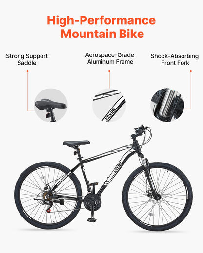 VEVOR Mountain Bike, 29 inch MTB Bicycle with Front Suspension, 21 Speeds Shimano Twist Shifting, Dual Disc Brakes, Aluminum Alloy Frame, for Men/Women
