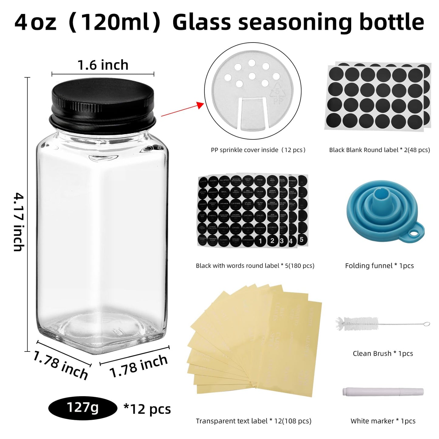 12Pcs 4 OZ Glass Spice Jars with black Metal Caps, Glass Jars with Minimalist Farmhouse Spice Labels Stickers, Collapsible Funnel, Seasoning Storage Bottles for Spice Rack, Cabinet, Drawer (12)