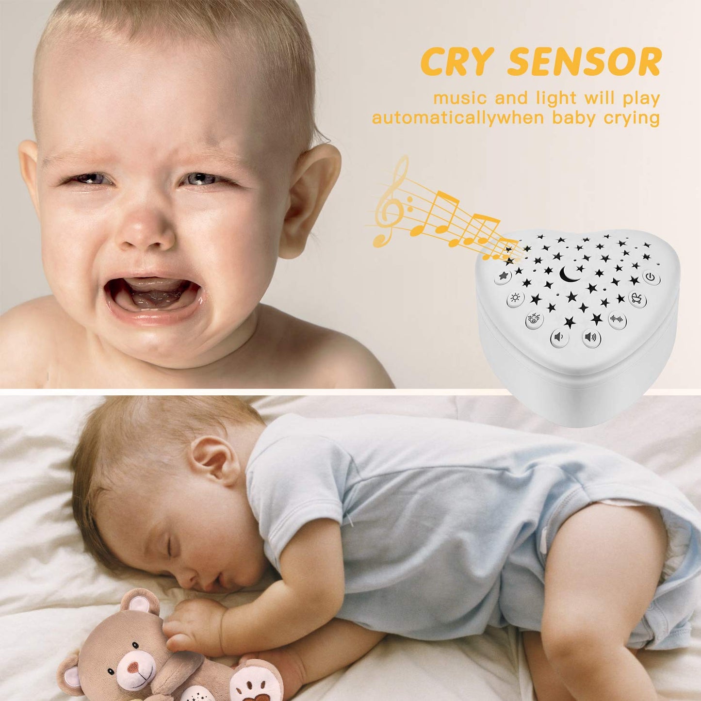 BEREST Rechargeable Baby Sleep Soother Bear, Mom's Heartbeat & Lullabies, White Noise Sound, Nursery Decor Night Light Projector, Toddler Crib Sleeping Aid, Baby Shower Gifts