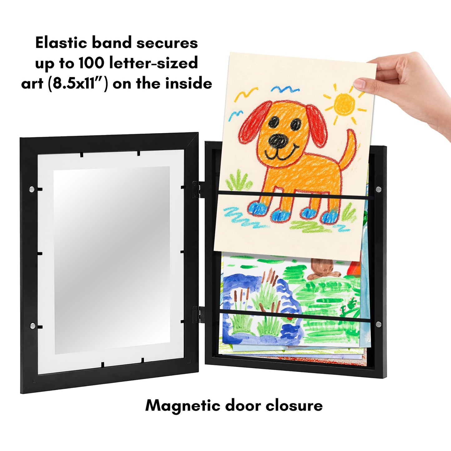 Americanflat - 2 Pack - Kids Artwork Frame Changeable (Black) - Magnetic Door Holds 100 Art Pieces - 8.5x11 Letter Size Display with Mat or 10x12.5 Without Mat - My Mini Masterpiece