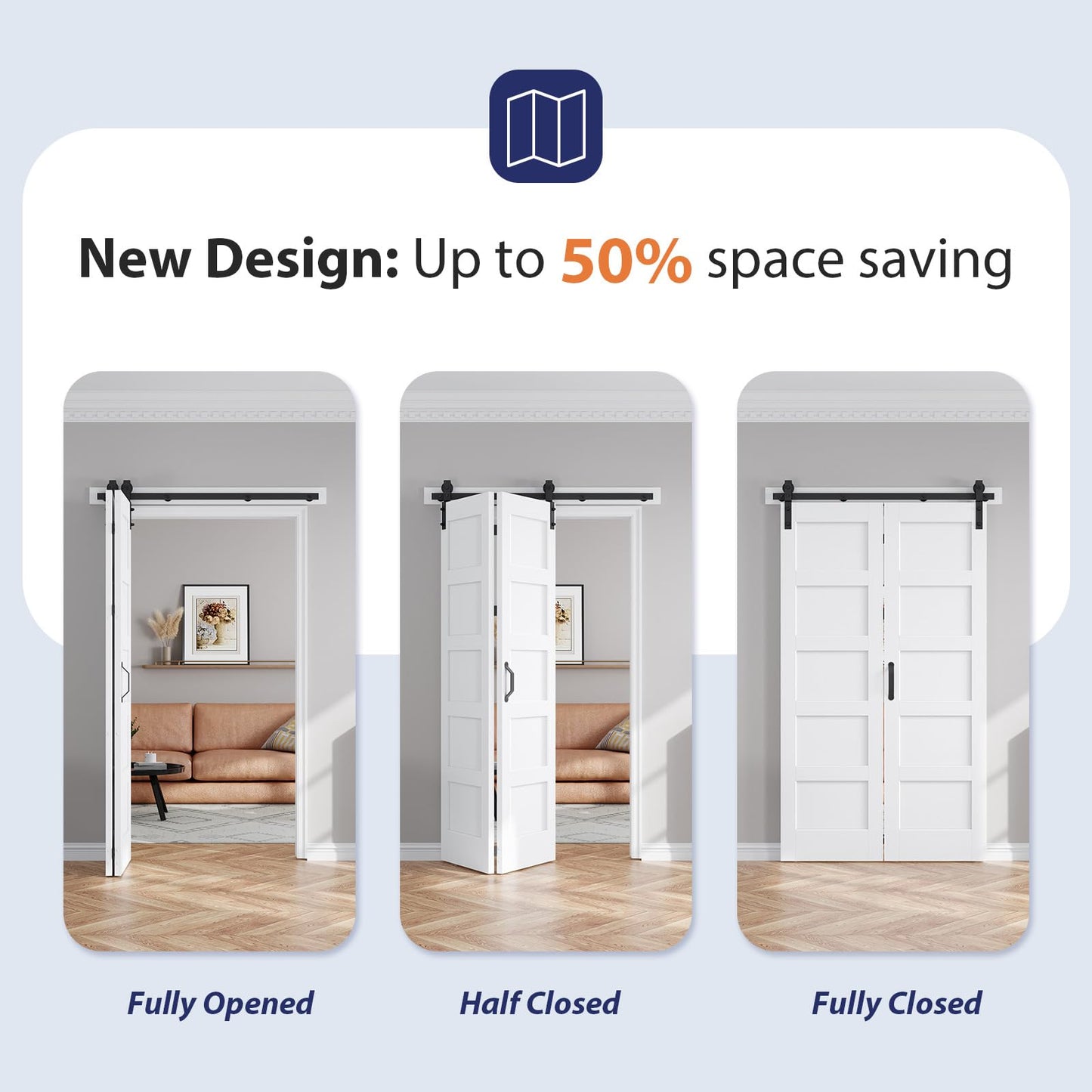 FREDBECK 42X84(Double 21x84) Bifold Door Bi-fold Barn Doors White Double with 46" Hardware Track Kit Included,Solid MDF with Water-Proof PVC Surface for Closet,Assembly Required