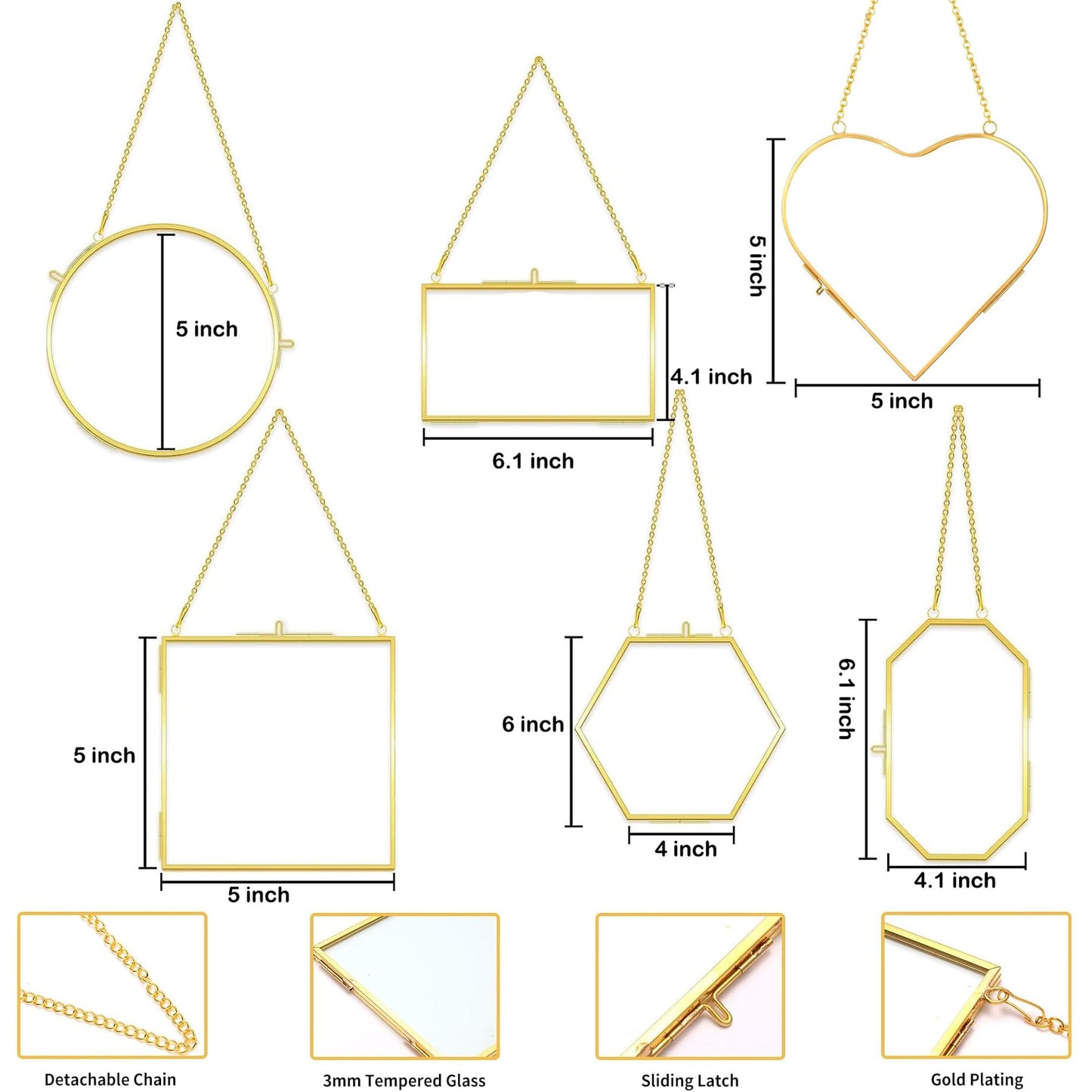 HBLEDOT Pressed Flower Frames, Wall Hanging Double Glass Picture Frames with Chain for Dried Flowers Plants Wall Decor,Only Frame and tweezers (Gold-6PCS)
