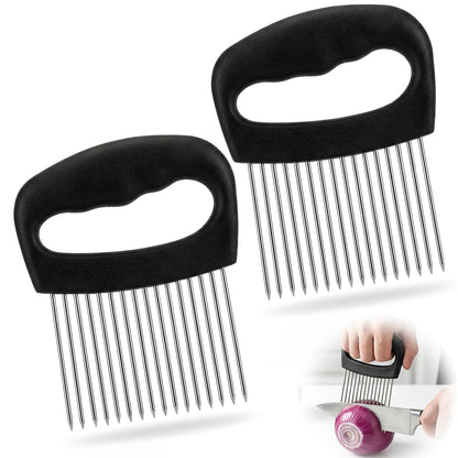 Stainless Steel Onion Holder for Slicing, 2-Pack Tomato Slicer, for Effortless, Safe Slicing of Onions, Tomatoes, Potatoes, and Meat, Versatile Kitchen Tool for Tenderizing and Loose Ingredients