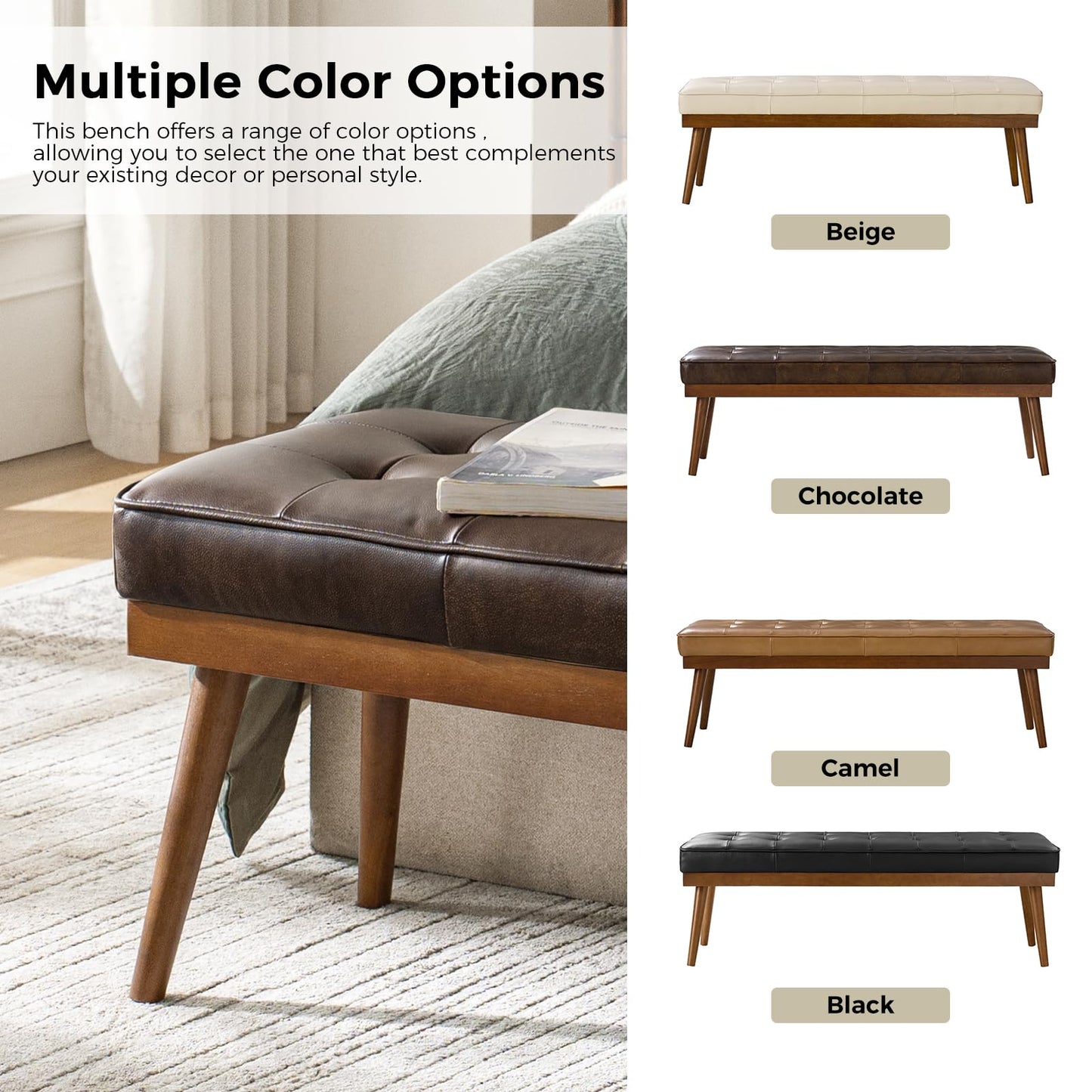 HULALA HOME 55.5" Genuine Leather Bench, Button-Tufted Entryway Bench with Solid Wood Legs, Upholstered End of Bed Bench for Bedroom, Chocolate