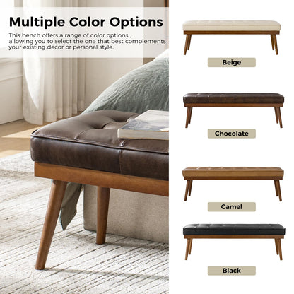 HULALA HOME 55.5" Genuine Leather Bench, Button-Tufted Entryway Bench with Solid Wood Legs, Upholstered End of Bed Bench for Bedroom, Chocolate