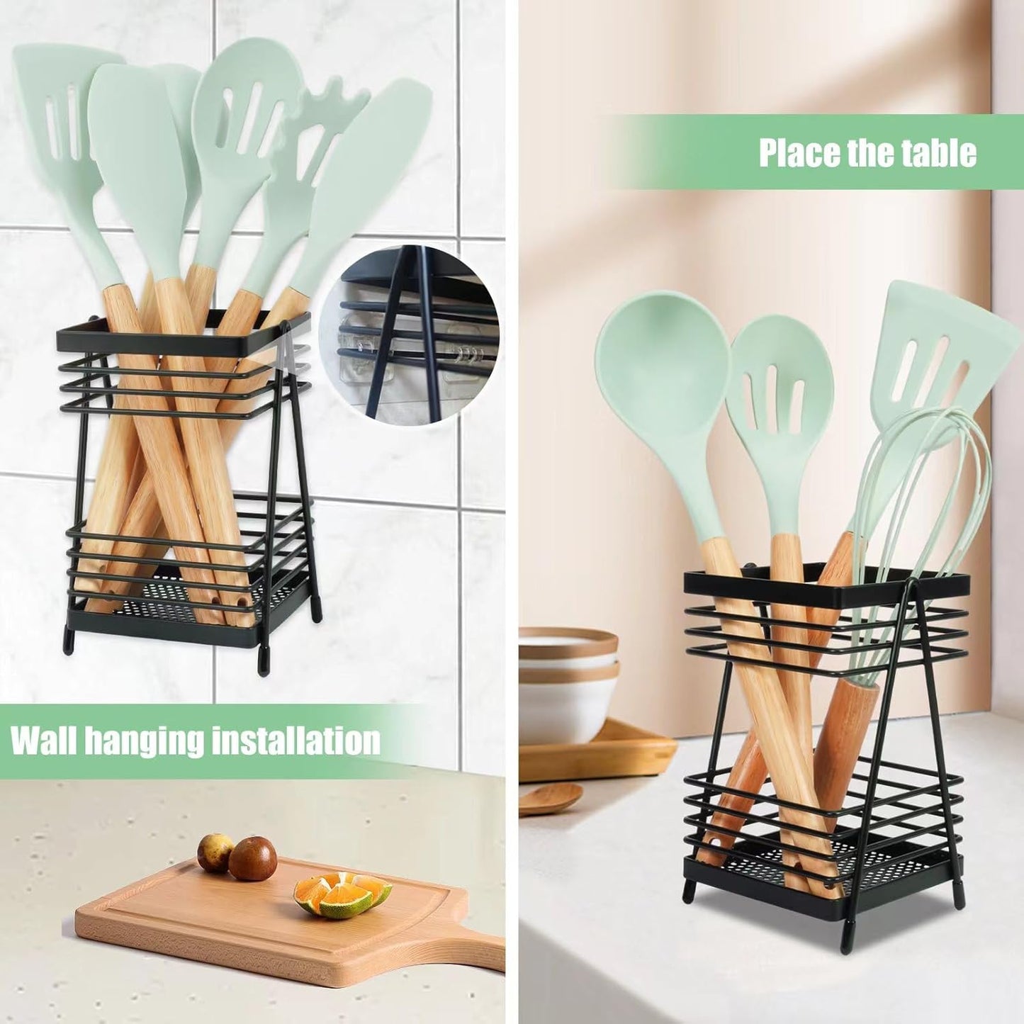 Kitchen Utensil Holder for Countertop, Wall Mounted Heavy-Duty Metal Organizer, Matte Black Design for Cooking Utensils