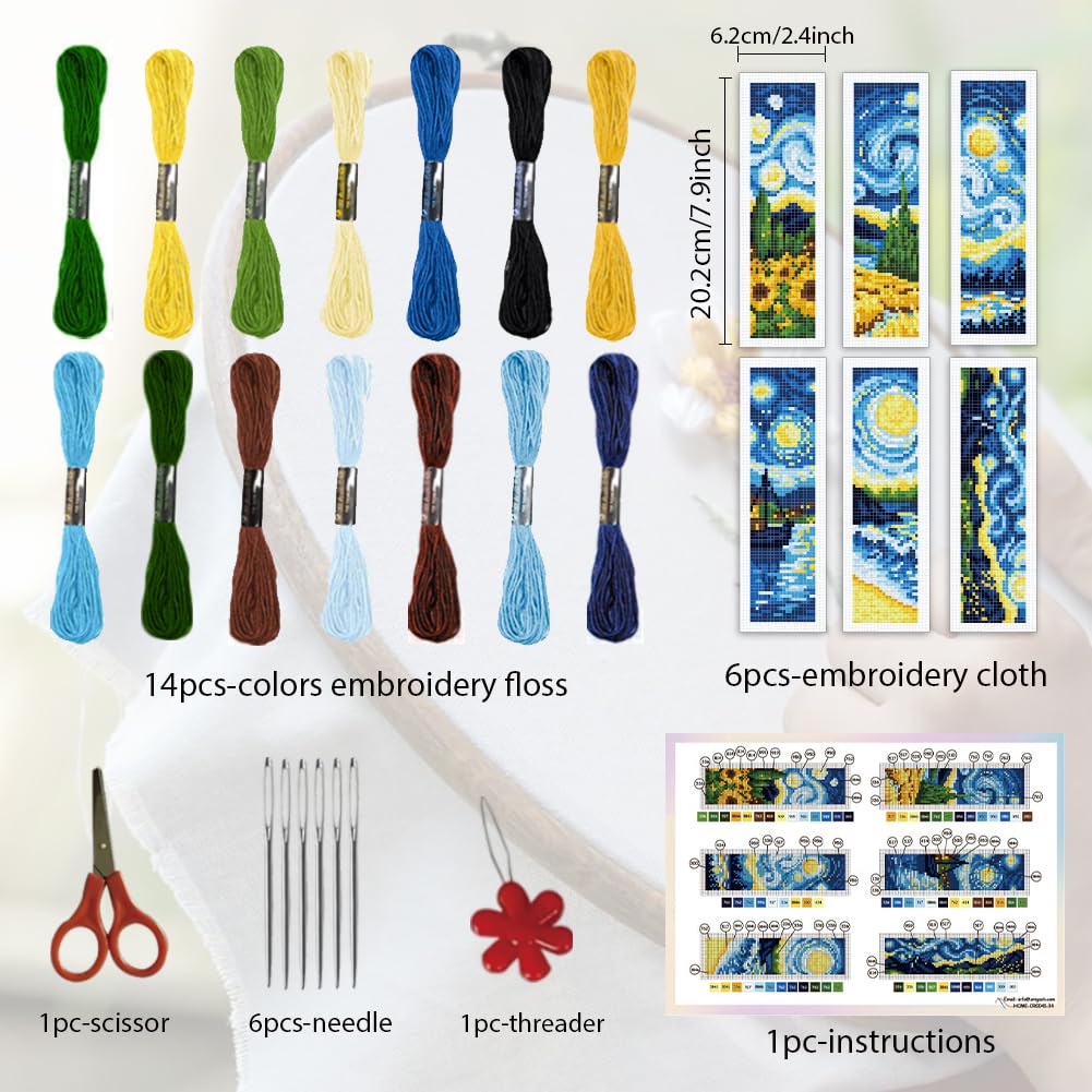 ORIGACH 6 Pcs Cross Stitch Bookmark Kit for Beginner Adults, Swirling Night Sky Stamped Embroidery Bookmark Kit with Instruction for Starters Printed Cross Stitch DIY Kits for Book Lovers
