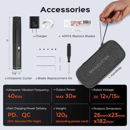 Bonvoisin Ultrasonic Cutter Knife Handheld 30W 40KHz with 40 Replacement Blades, Charger, Carrying Case for Plastic, Acrylic, Carbon Fiber Sheets, Thin Wood, Thin Circuit Boards, 3D Printed Models