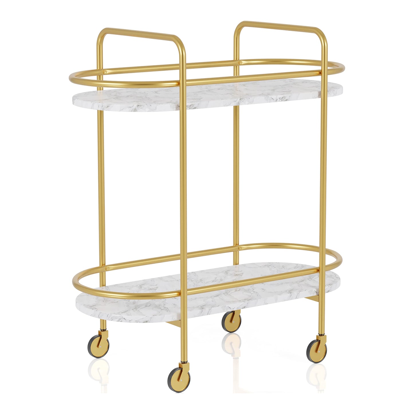 HOMES: Inside + Out Wuest Modern 2 Tier Metal 33 in. Mobile Serving Cart with Casters for Dining Room, Home Bar, Gold Coating and White