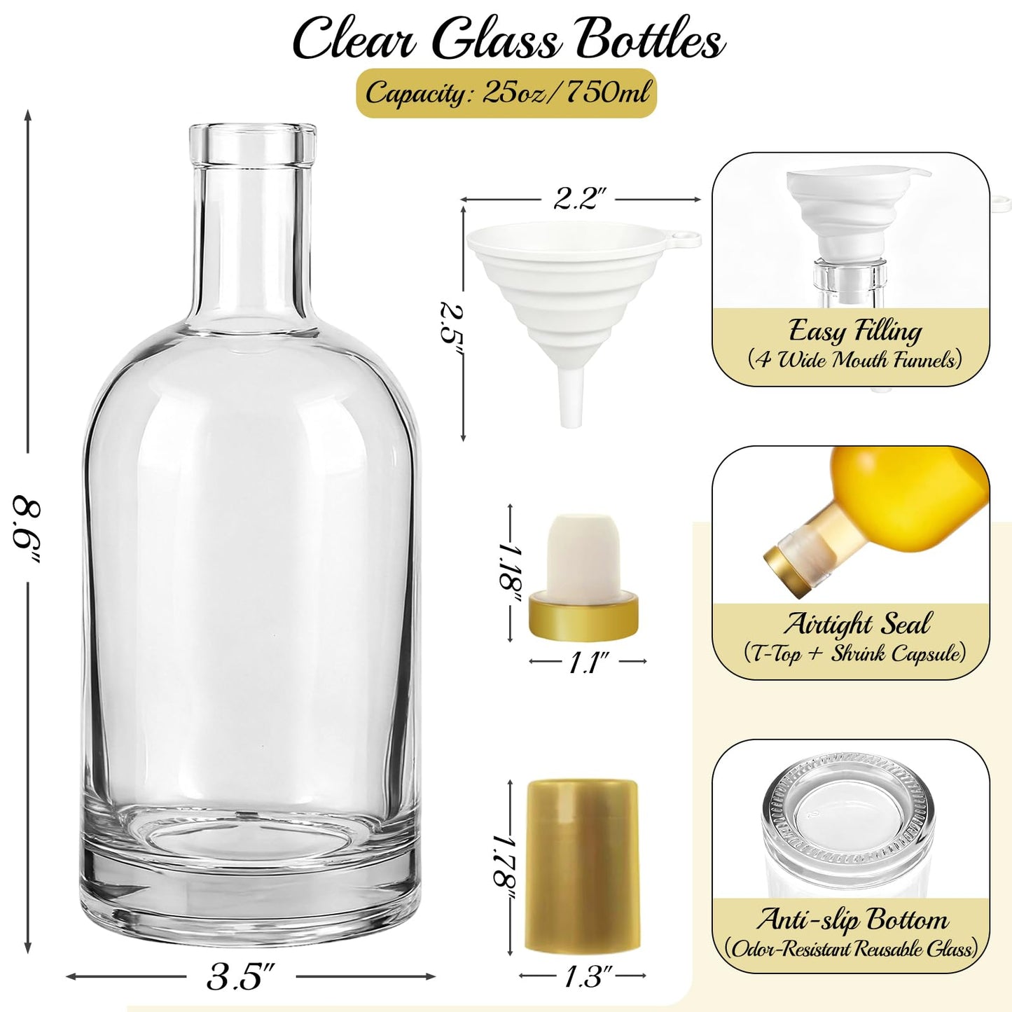 TBWIND 25 oz Clear Glass Bottles with Cork, 4 Pack Clear 750ml Liquor Bottles, Thick Heavy Base Airtight Wine Bottles for Beverages, Liquor, Whiskey, Oil, Vinegar, Wedding Favors & Crafts