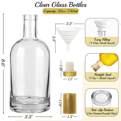 TBWIND 25 oz Clear Glass Bottles with Cork, 4 Pack Clear 750ml Liquor Bottles, Thick Heavy Base Airtight Wine Bottles for Beverages, Liquor, Whiskey, Oil, Vinegar, Wedding Favors & Crafts