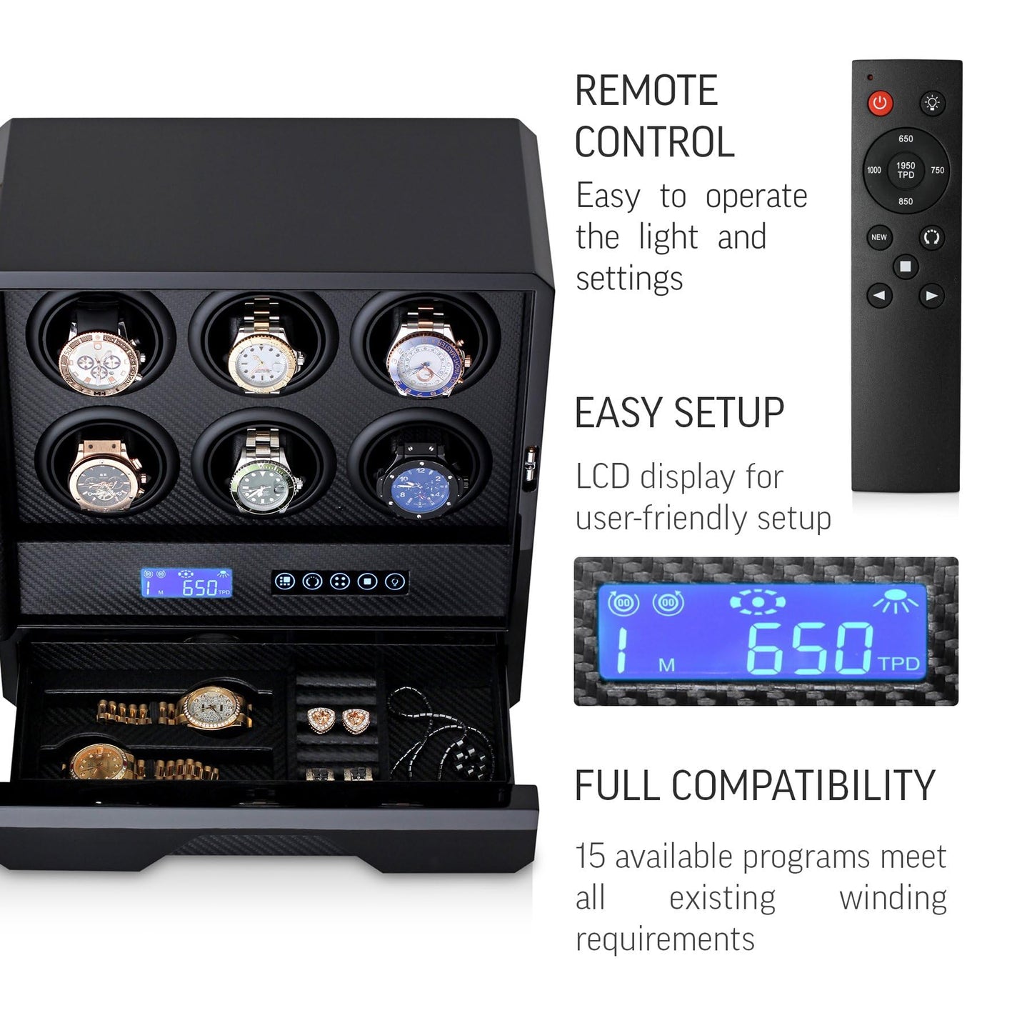 6 Watch Winder with LED Light, LCD Display and Storage Drawer
