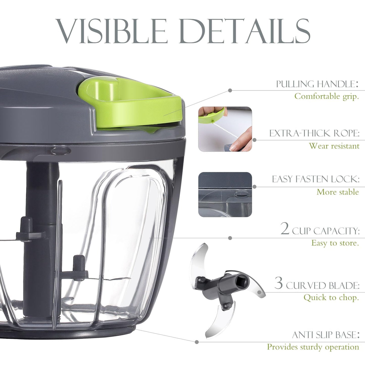 Ourokhome Manual Food Processor Vegetable Chopper, Portable Hand Pull String Garlic Mincer Onion Cutter for Veggies, Ginger, Fruits, Nuts, Herbs, etc., 650ml, Grey