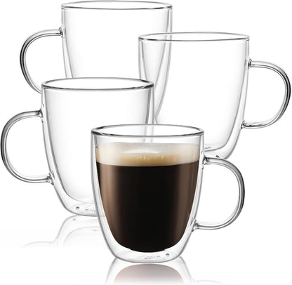 17oz,Double Beverages,Set 4 CNGLASS Large Glass Coffee Mugs Walled Insulated Clear Coffee Cups with Handle,Clear