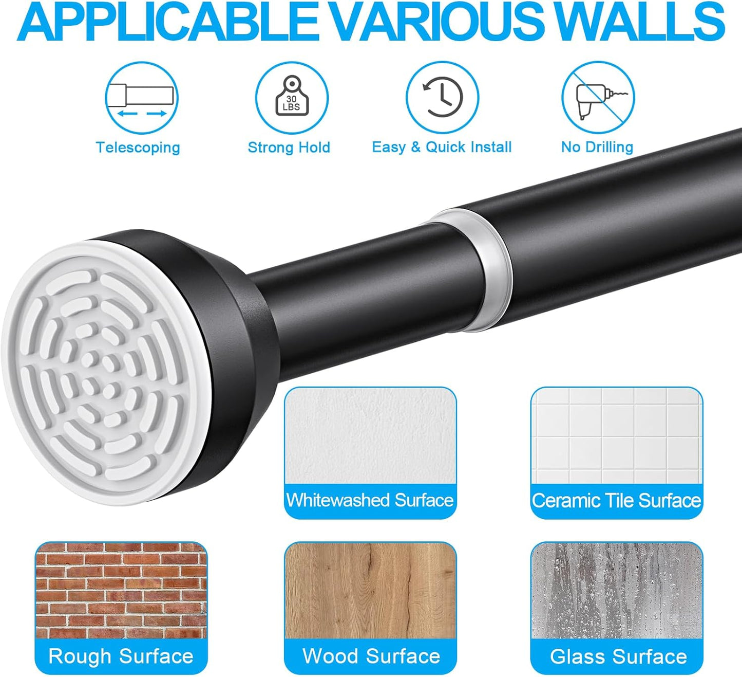 TEECK Adjustable Tension Shower Curtain Rod, 32-79 Inch, 1 Inch, Anti-Slip, Rust-Proof, No Drilling, Black