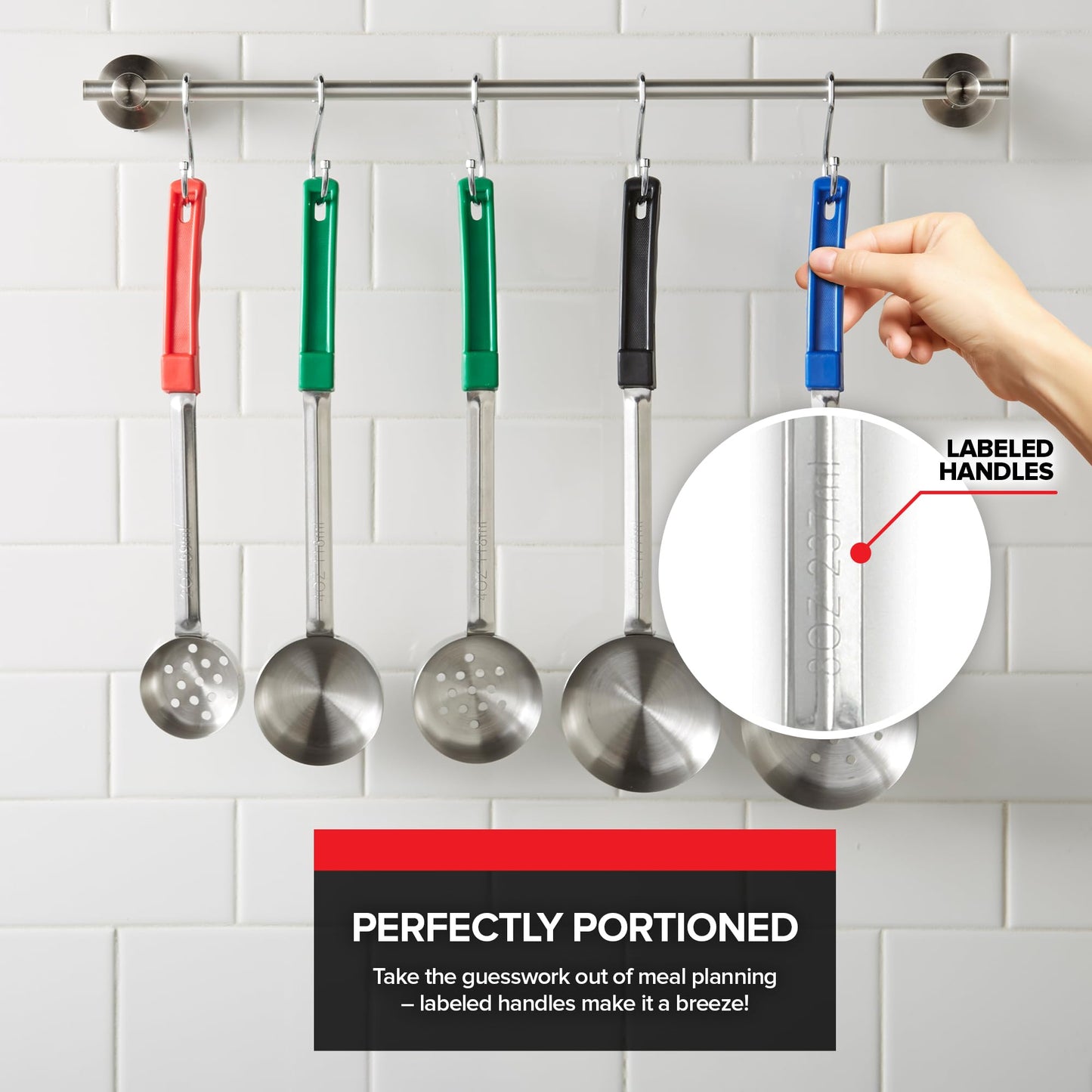 Portion Control Serving Spoons (Set of 8), Slotted & Unslotted Portion Scoops for Food, Heavy Duty Stainless Steel Utensils for Portion Control, 2, 4, 6, and 8oz Scoops for Portion Perfection