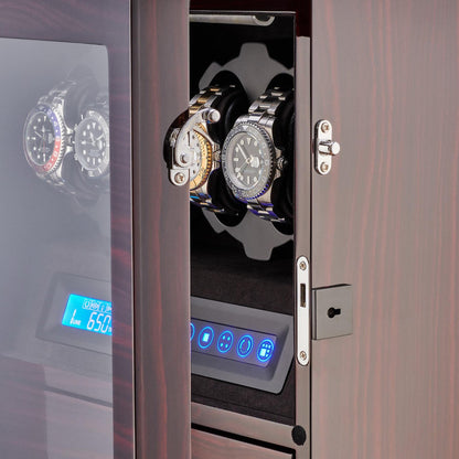 4 Watch Winder with 5 Watch Storage Space, LCD Display, Touch Control and Interior Light (Ebony + Black Velvet)