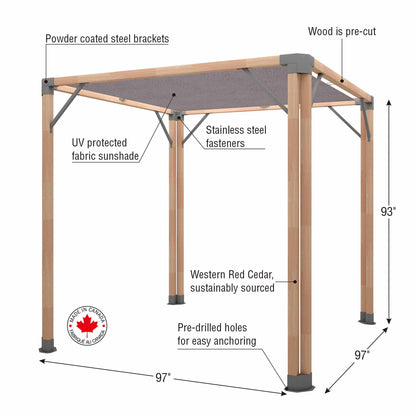 Bali 8 x 8’ Cedar Pergola - Easy to Assemble. Western Red Cedar, Sunshade Canopy, Sustainably Sourced, Made in Canada. Perfect for Patio, Deck or Backyard.