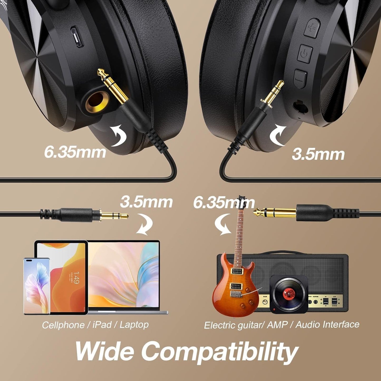 OneOdio A70 Bluetooth Over Ear Headphones, Wireless Headphones with 72H Playtime, Hi-Res, Built-in Mic, 3.5mm/6.35mm Wired Audio Jack for Studio Monitor & Mixing DJ Guitar AMP, Computer PC Gaming