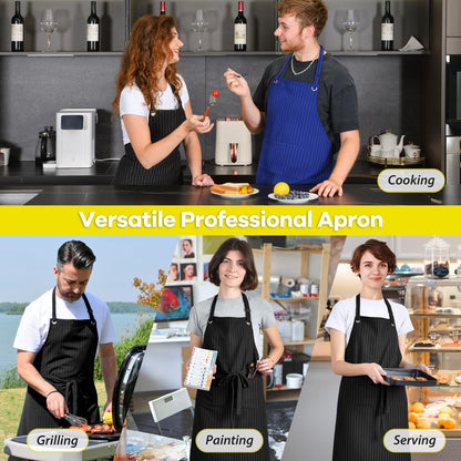 ROTANET Stripe Stretch Apron for Men Women Chef Big and Tall Large Striped Aprons with Pockets for Kitchen Cooking Waterproof Black