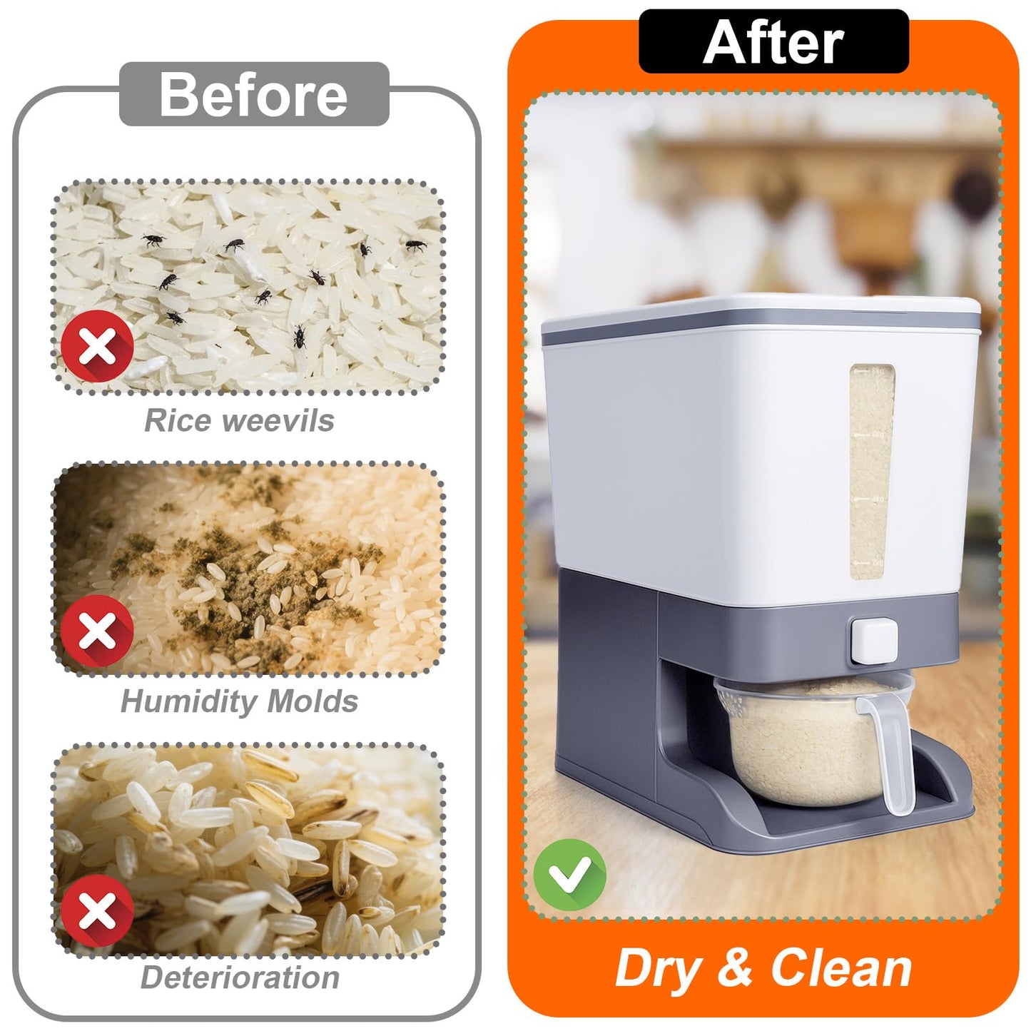 Mity rain Rice Dispenser 20 Lbs with Moisture Absorbing Clay, Rice Storage Container with Measuring Cup, 12 L Cereal Containers Storage Airtight for Kitchen Pantry Organization