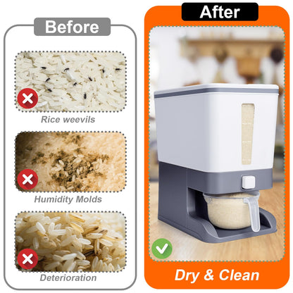 Mity rain Rice Dispenser 20 Lbs with Moisture Absorbing Clay, Rice Storage Container with Measuring Cup, 12 L Cereal Containers Storage Airtight for Kitchen Pantry Organization