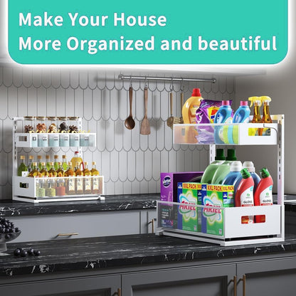 Petiza Under Sink Organizer Adjustable Height 2 Tier Bathroom Organizer Pull Out Cabinet Organer kitchen organizers and storage fridge organizers and storage,White,XL-1 Pack