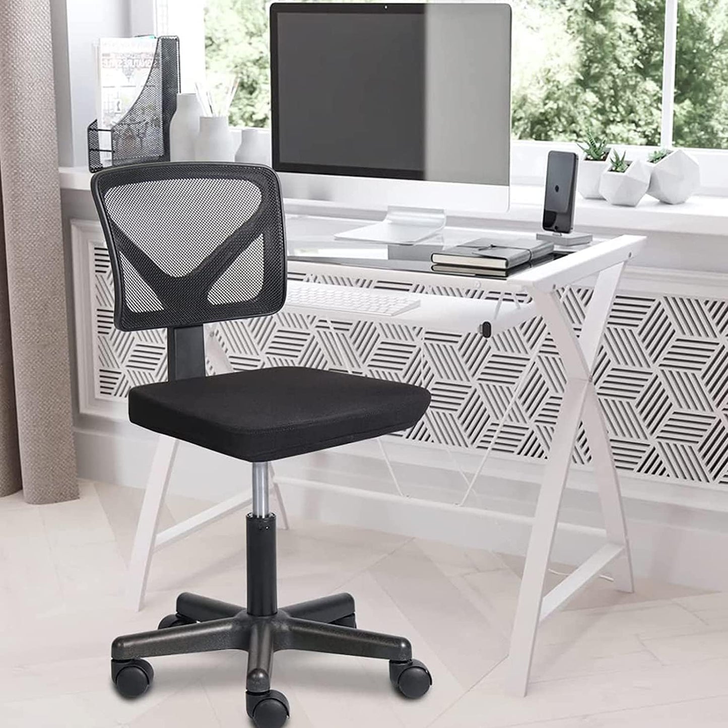 AFO Small Desk Chair, Armless with Ergonomic Lumbar Support, Adjustable Height, 360 Degree Swivel