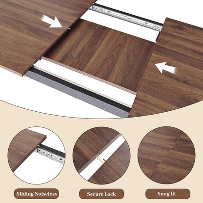 HIPIHOM 63"- 78.7" Extendable Dining Table Set for 6, 4-6 Person Modern Kitchen Table with 6 Brown Upholstered Dining Chairs, Thickened Expandable Wood Table Tops with Metal Bases, Walnut Dinner Table