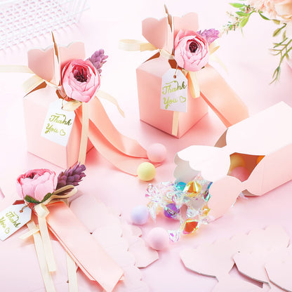 TaoBary 50 Pcs Wedding Favor Boxes Pink Party Favor Box with Ribbon and Flower DIY Chocolate Candy Gift Treat Bags for Engagement Bridal Baby Shower Birthday Anniversary Party Decorations