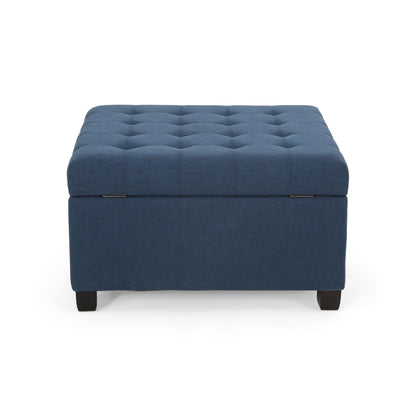 YOPTO 31" Square Storage Ottoman,Linen Footrest with Wooden Legs,Upholstered Button Tufted Coffee Table for Living Room,Navy Blue