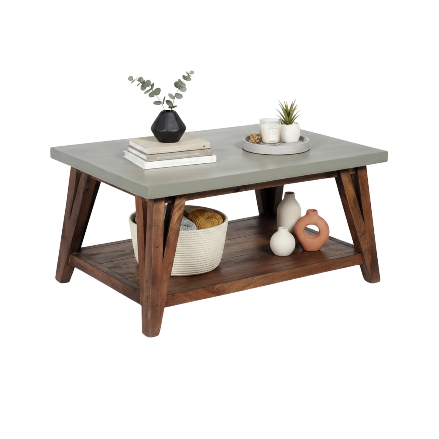 Alaterre Furniture Brookside Coffee Table with Lower Shelf – Modern Rustic Farmhouse 36-Inch Living Room Table with Solid Wood Base and Concrete-Coated Top (Brown and Light Gray)