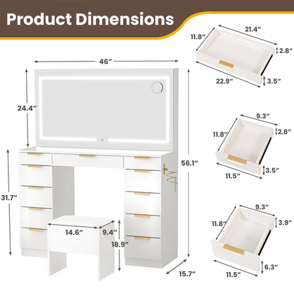 Fkhouse Glass Top Vanity Desk with Mirror and Lights, 11 Drawers Makeup Vanity with Stool, 3 Lighting Modes Dressing Table with Power Outlet, Golden Handles, White