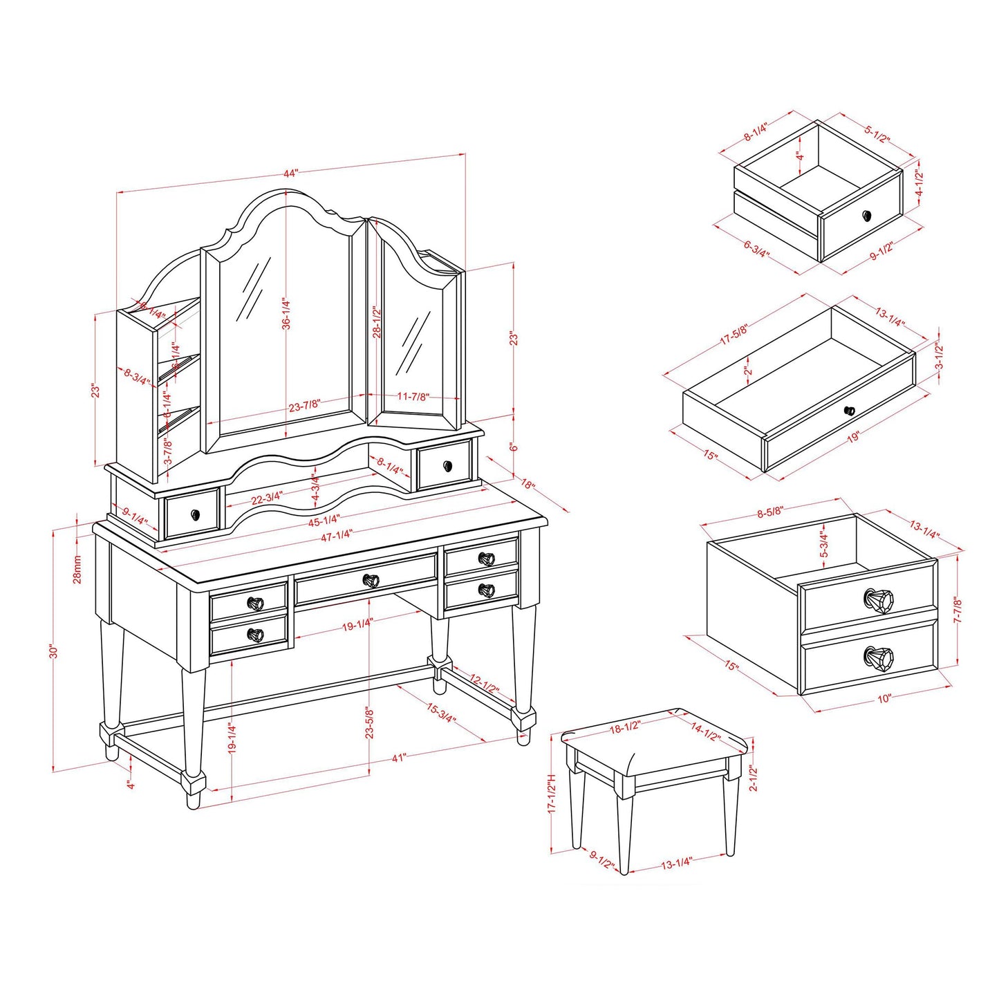 24/7 Shop at Home Nyx Traditional 3-Piece Wood 5 Drawers Makeup Vanity Table, Tri-Fold Mirror and Stool Set with Jewelry Storage, 7 Shelves, Padded Seat for Bedroom, Dressing Room, White and Gray