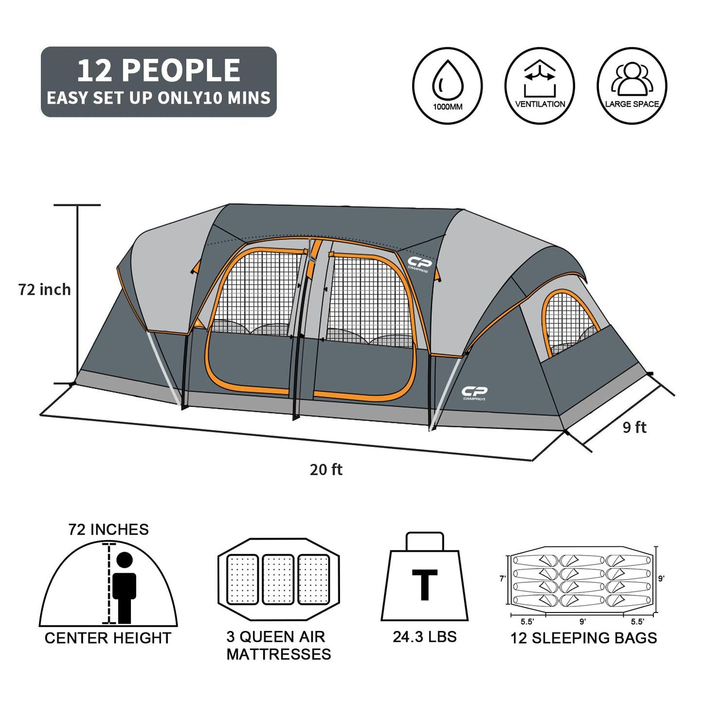CAMPROS CP Tent 12-Person-Camping-Tents,3 Room Family Tents,Waterproof Windproof Family Tent with Top Rainfly,6 Large Mesh Windows,Double Layer,Easy Set Up, Portable with Carry Bag-20' x 9' x 72"(H)