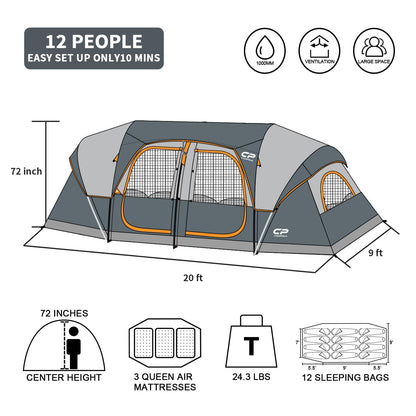 CAMPROS CP Tent 12-Person-Camping-Tents,3 Room Family Tents,Waterproof Windproof Family Tent with Top Rainfly,6 Large Mesh Windows,Double Layer,Easy Set Up, Portable with Carry Bag-20' x 9' x 72"(H)